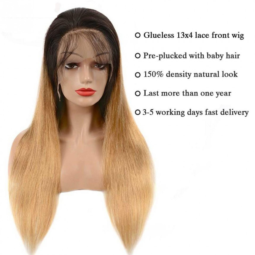 1B/27 Ombre India Straight 13x4 lace frontal wigs virgin human hair with baby hair