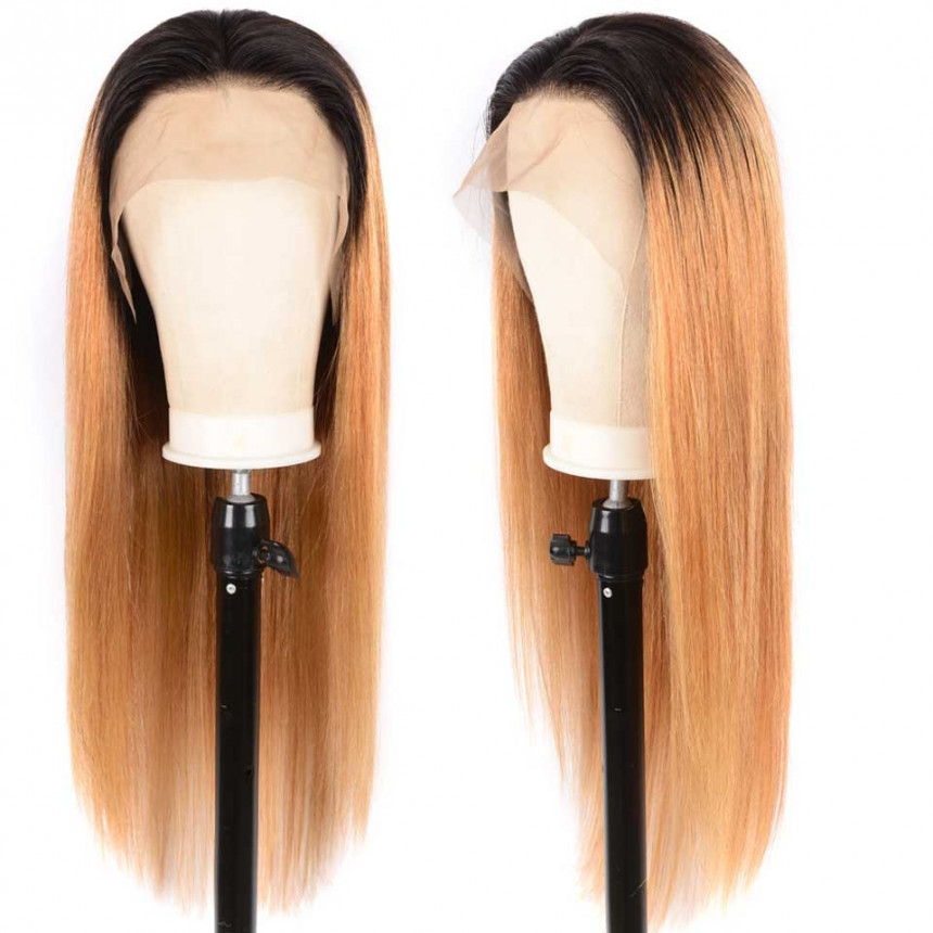 Ombre Straight hair Weave With Highlights 1B/27 4x4 lace closure wigs virgin human hair with baby hair