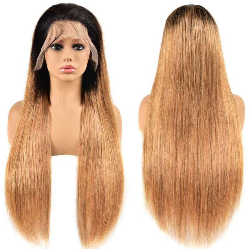 Ombre Straight hair Weave With Highlights 1B/27 4x4 lace closure wigs virgin human hair with baby hair