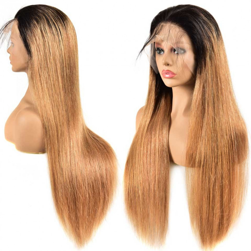 Ombre Straight hair Weave With Highlights 1B/27 4x4 lace closure wigs virgin human hair with baby hair