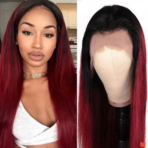 1B/99J Ombre Straight 4x4 lace closure red hair wig virgin human hair with baby hair