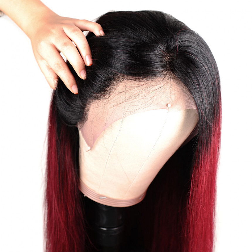 1B/99J Ombre Straight 4x4 lace closure red hair wig virgin human hair with baby hair