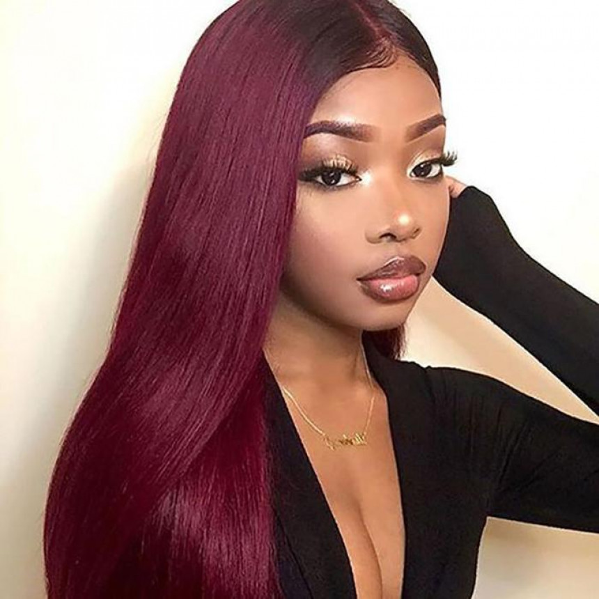 Color 1B/99J Ombre Straight 13x4 lace frontal wigs red color virgin human hair with baby hair