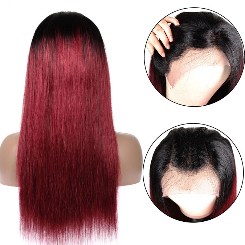 Color 1B/99J Ombre Straight 13x4 lace frontal wigs red color virgin human hair with baby hair