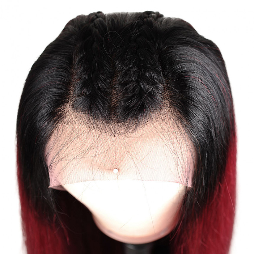 Color 1B/99J Ombre Straight 13x4 lace frontal wigs red color virgin human hair with baby hair