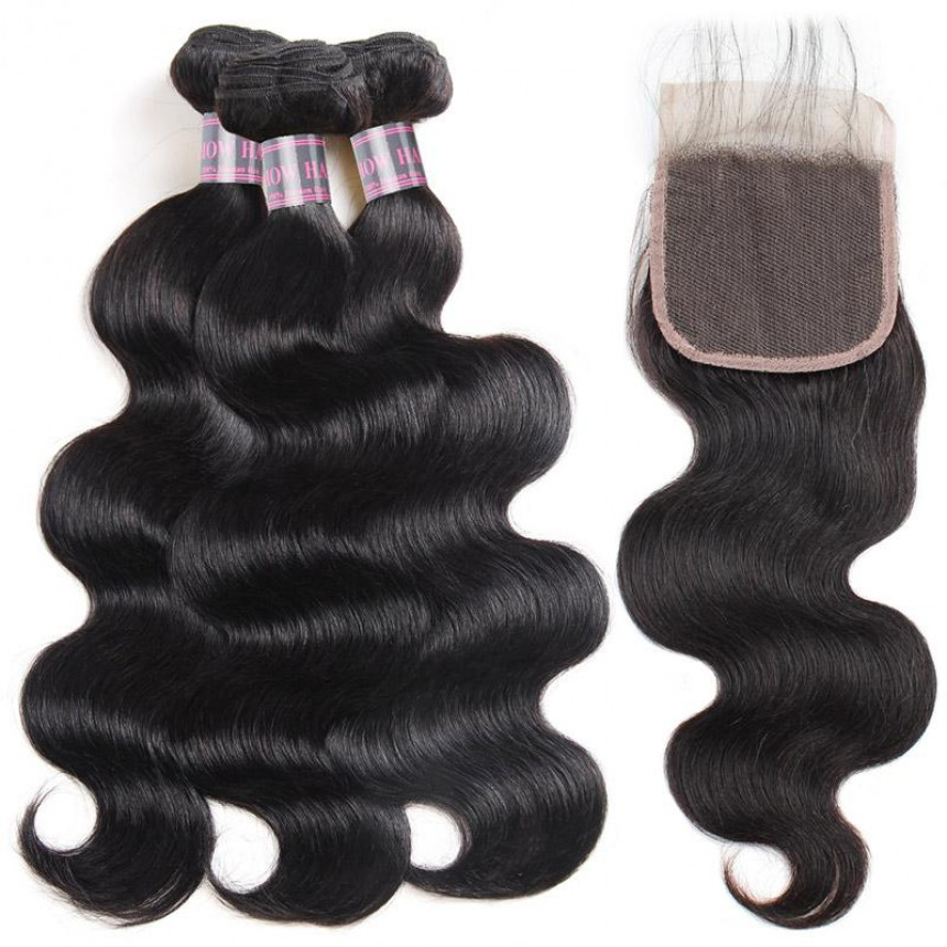 Virgin Brazilian Body Wave Human Hair 3 Bundles with 4*4 Lace Closure