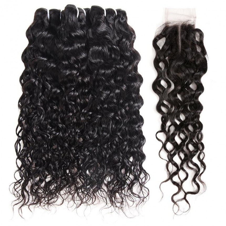 Water Wave Bundles Brazilian Hair Bundles  3 Bundles With 2x4 Lace Closure