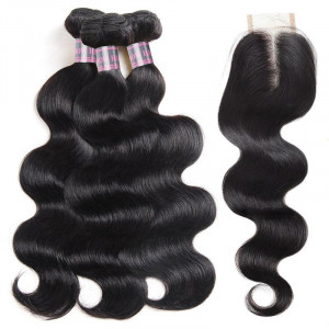 affordable brazilian body wave hair bundles with baby hair  3 bundles hair weave with 2x4 lace closure