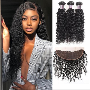 Virgin Brazilian Curly Hair 3 Bundles with 13*4 Lace Frontal 