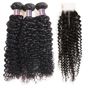 best curly hair weave brazilian 3 bundles hair weave with 2x4 lace closure