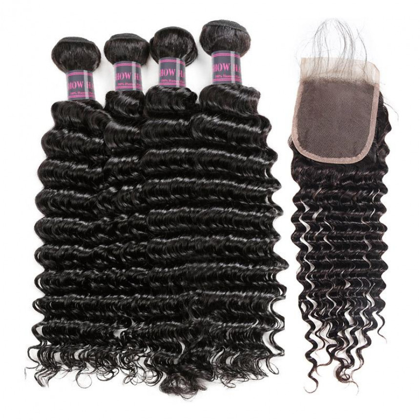 Deep Wave 4 Bundles With 4*4 Lace Closure 100% Virgin Brazilian Human Hair Weave