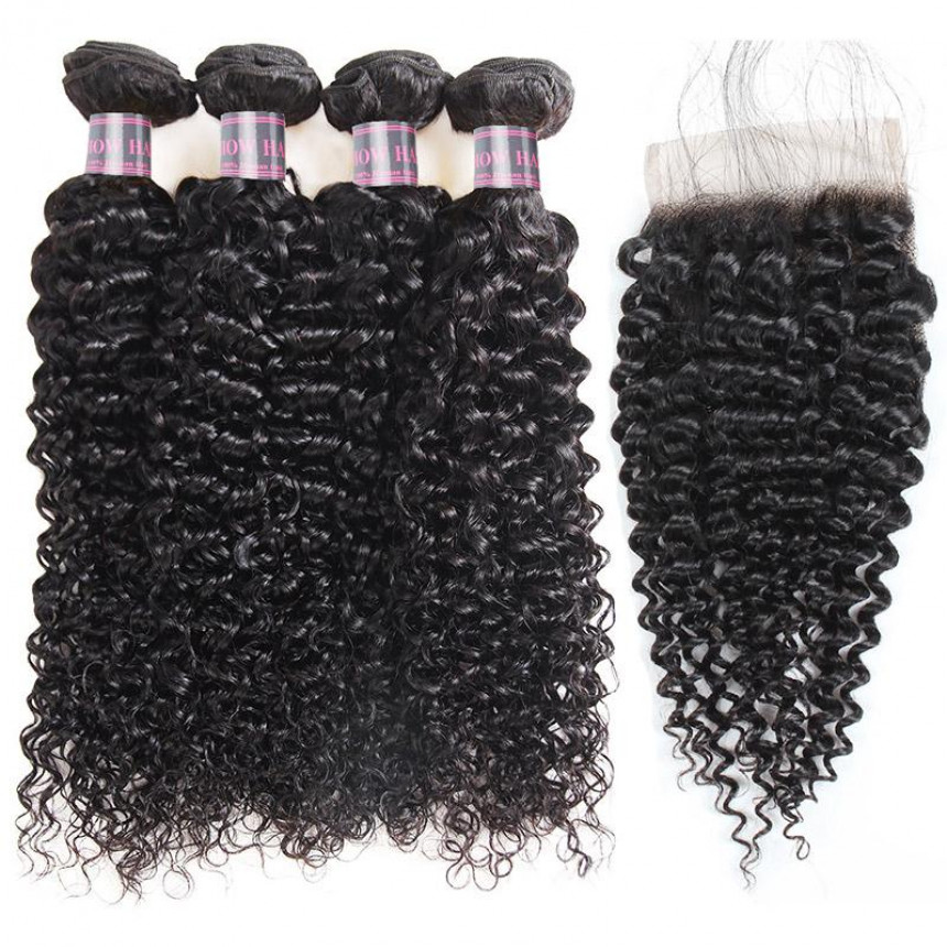 brazilian hair curly wave weaves 4 bundles with lace closure