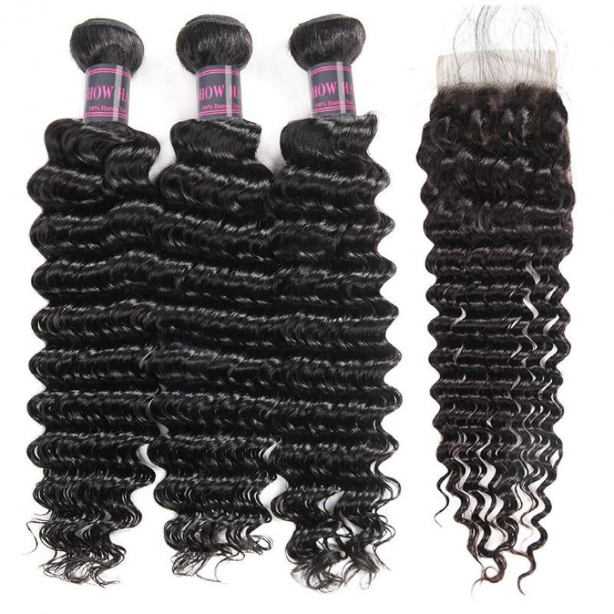  deep wave 3 bundles with brazilian hair  closure