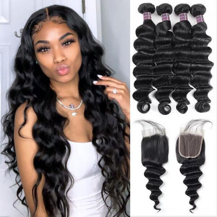 brazilian loose deep wave hair 4 bundles with lace closure