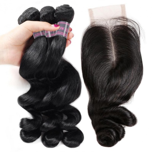 brazilian loose wave  virgin human hair weave 3 bundles with 2 4 lace closure with baby hair