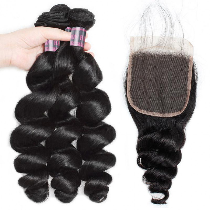 brazilian loose wave weave human hair 3 bundles with lace closure