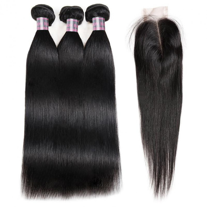 brazilian long straight hair bundles with baby hair  3 bundles hair weave with 2x4 lace closure