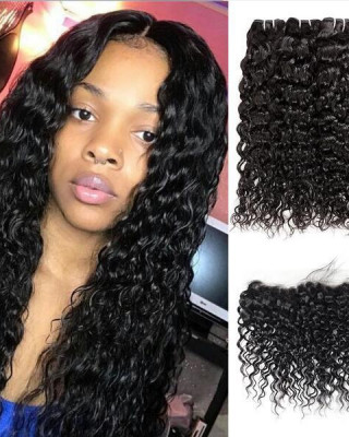 brazilian water wave 3 bundles with lace frontal closure weaves