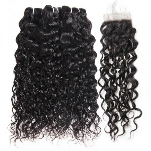 brazilian water wave hair weave 3 bundles with lace closure virgin human hair