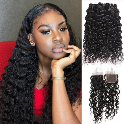brazilian water wave hair weave 3 bundles with lace closure virgin human hair