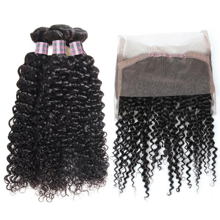 curly hair 3 bundles with 360 lace frontal virgin human hair