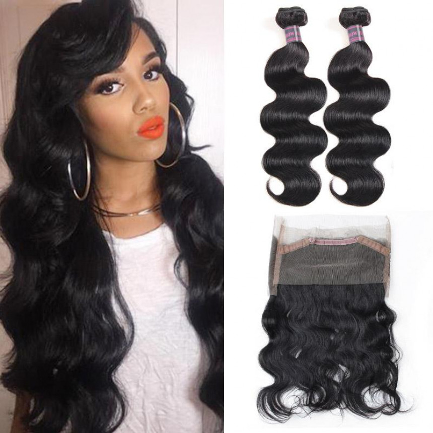 Body Wave Hair 2 Bundles With 360 lace Frontal Virgin Brazilian Human Hair Extensions include 24 inch hair extensions