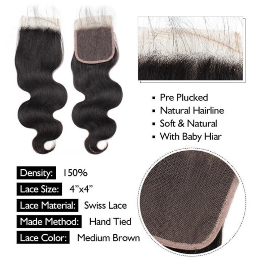 Lace Closure With Baby Hair Body Wave 4x4 Lace Closure With Baby Hair  Extensions Free Middle Three Part Swiss Lace