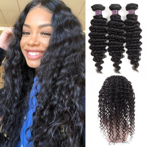 Brazilian Virgin Deep Wave Hair 3 Bundles With 360 Lace Frontal Human Hair