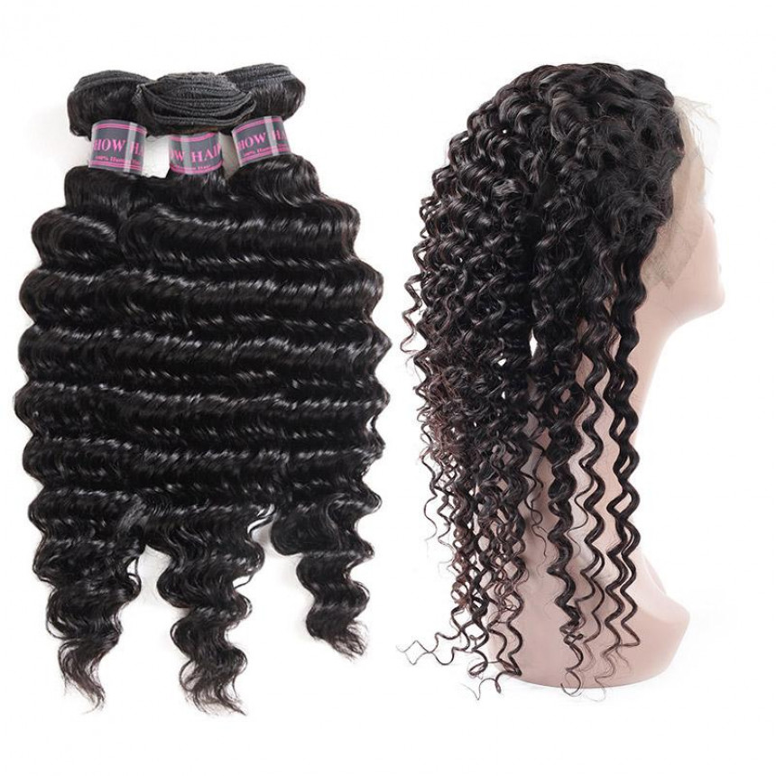 Brazilian Virgin Deep Wave Hair 3 Bundles With 360 Lace Frontal Human Hair