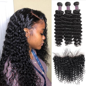 Virgin Brazilian Hair Deep Wave 3 Bundles with 13*4 Lace Frontal