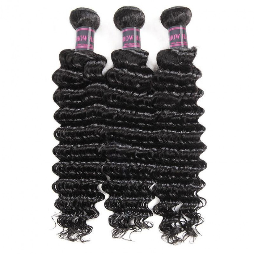 Virgin Brazilian Hair Deep Wave 3 Bundles with 13*4 Lace Frontal