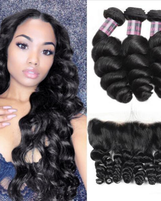 Brazilian Loose Wave Hair 3 Bundles with 13*4 Lace Frontal