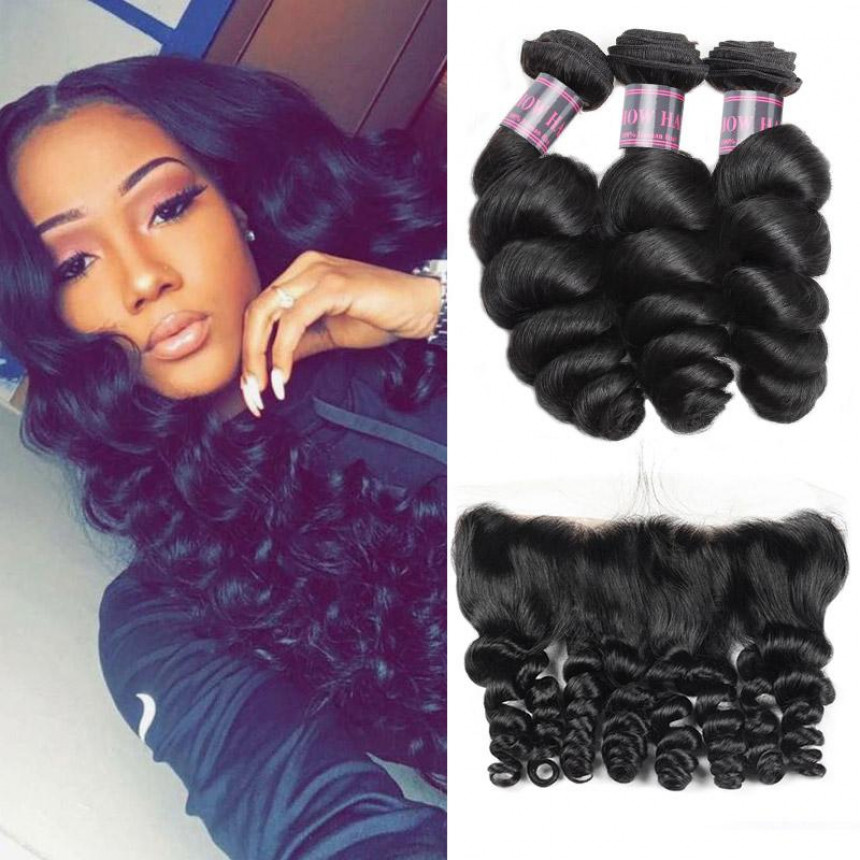 Brazilian Loose Wave Hair 3 Bundles with 13*4 Lace Frontal