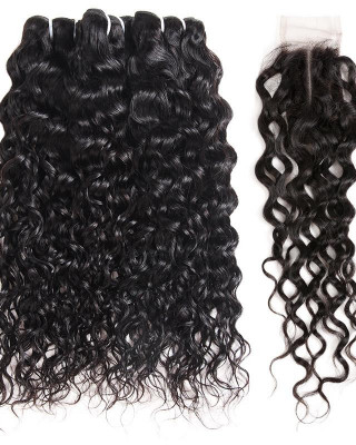 Water Wave 3 Bundles Hair Weave With 2x4 Lace Closure