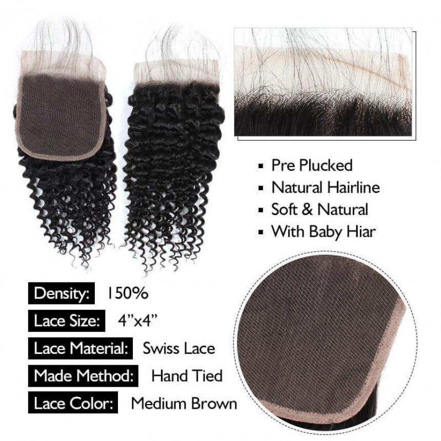 Virgin Curly Human Hair 4*4 Lace Closure with Baby Hair