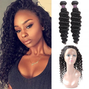 Virgin Brazilian Hair Deep Wave Hair 2 Bundles With 360 Lace Frontal