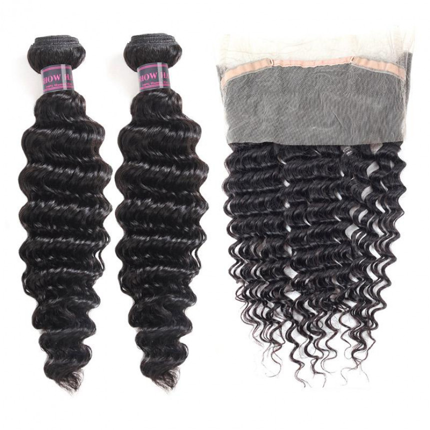 Virgin Brazilian Hair Deep Wave Hair 2 Bundles With 360 Lace Frontal