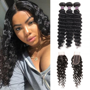 Deep Wave Hair 3 Bundles with 2*4 Lace Closure Ishow Virgin Human Hair