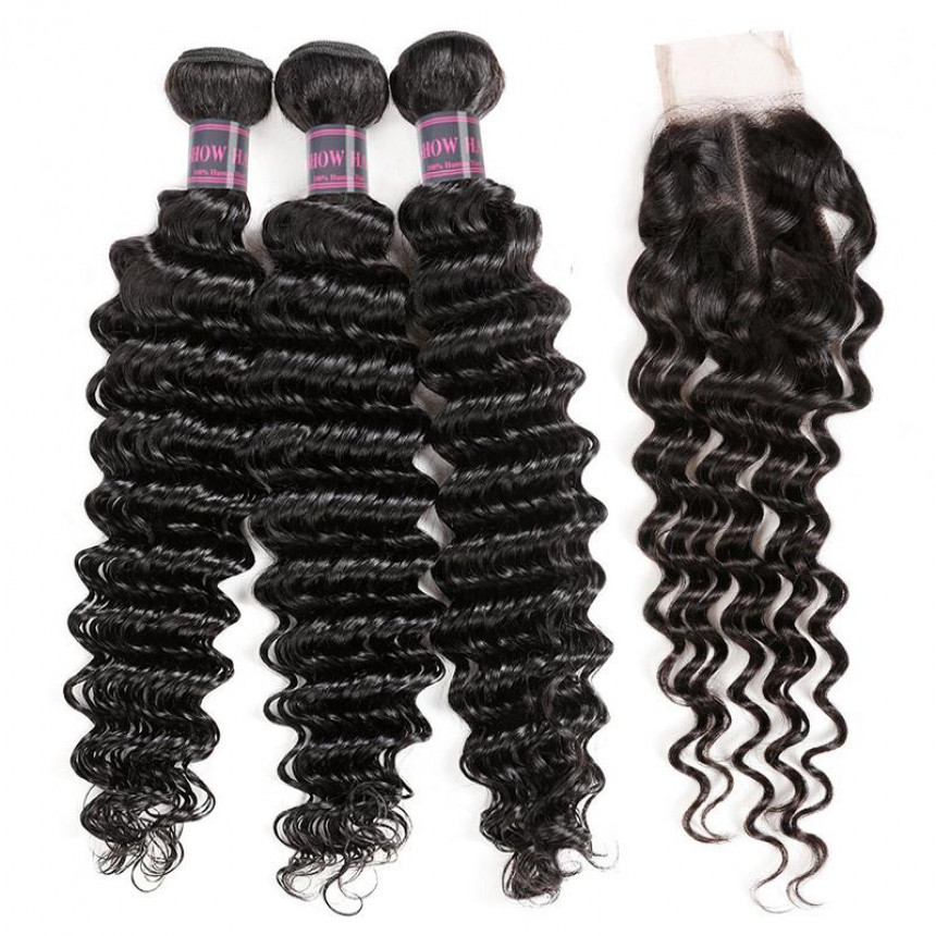 Deep Wave Hair 3 Bundles with 2*4 Lace Closure Ishow Virgin Human Hair