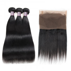 Indian Virgin Remy Hair  Indian Straight Natural Color 3 Bundles With 360 Lace Frontal Closure