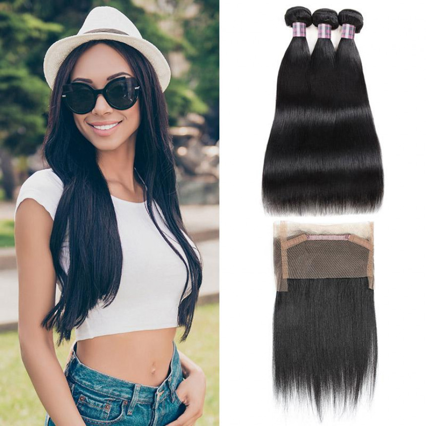 Indian Virgin Remy Hair  Indian Straight Natural Color 3 Bundles With 360 Lace Frontal Closure