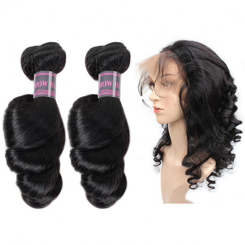 Loose Wave 100% Virgin Remy Human Hair Extensions 2 Bundles With 360 Lace Frontal  Bundles Weave