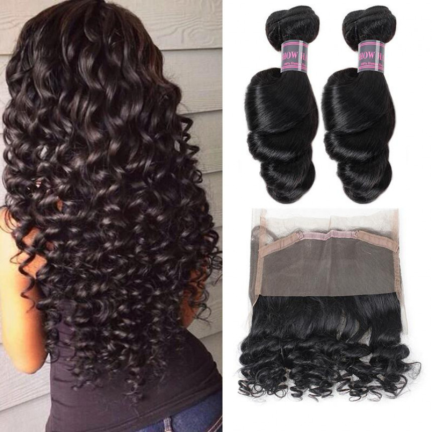 Loose Wave 100% Virgin Remy Human Hair Extensions 2 Bundles With 360 Lace Frontal  Bundles Weave