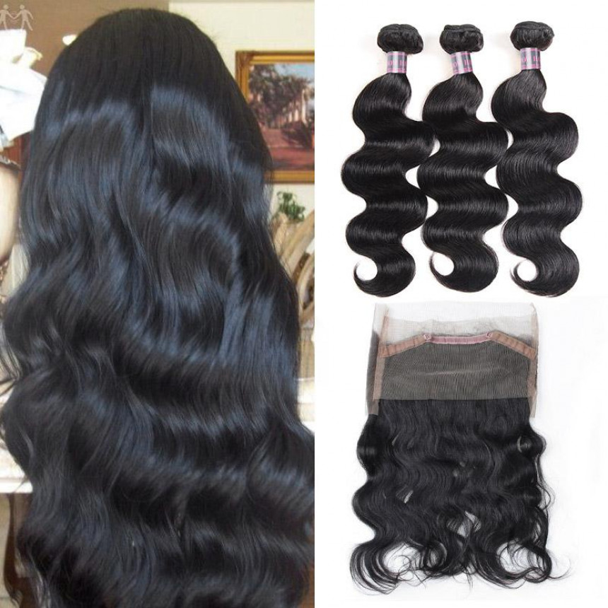 3 bundles and frontal-Peruvian Body Wave Virgin Remy Human Hair Weave 3 Bundles and 360 Lace Frontal