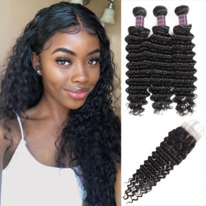 Peruvian Deep Wave Hair 3 Bundles With Lace Closure Peruvian Human Hair Extensions