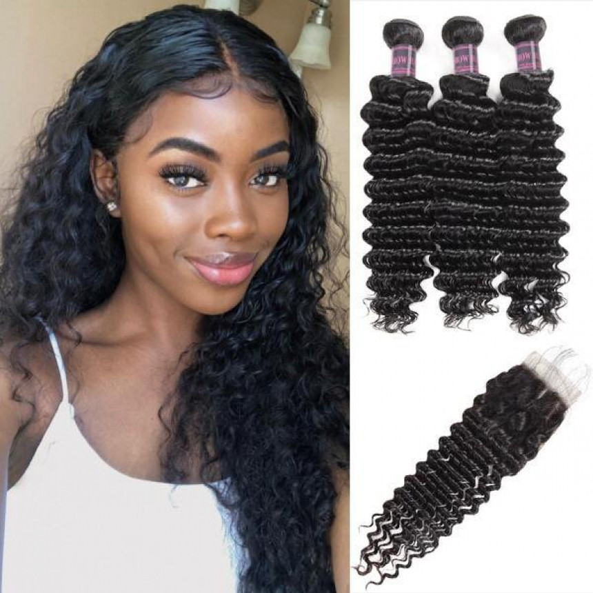 Peruvian Deep Wave Hair 3 Bundles With Lace Closure Peruvian Human Hair Extensions