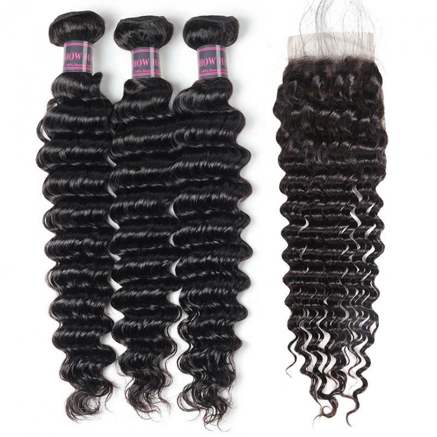 Peruvian Deep Wave Hair 3 Bundles With Lace Closure Peruvian Human Hair Extensions