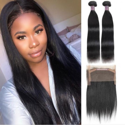 Straight  Remy Virgin Human Hair Extensions 2 Bundles with 360 Lace Frontal Natural Hair Bundles Weave