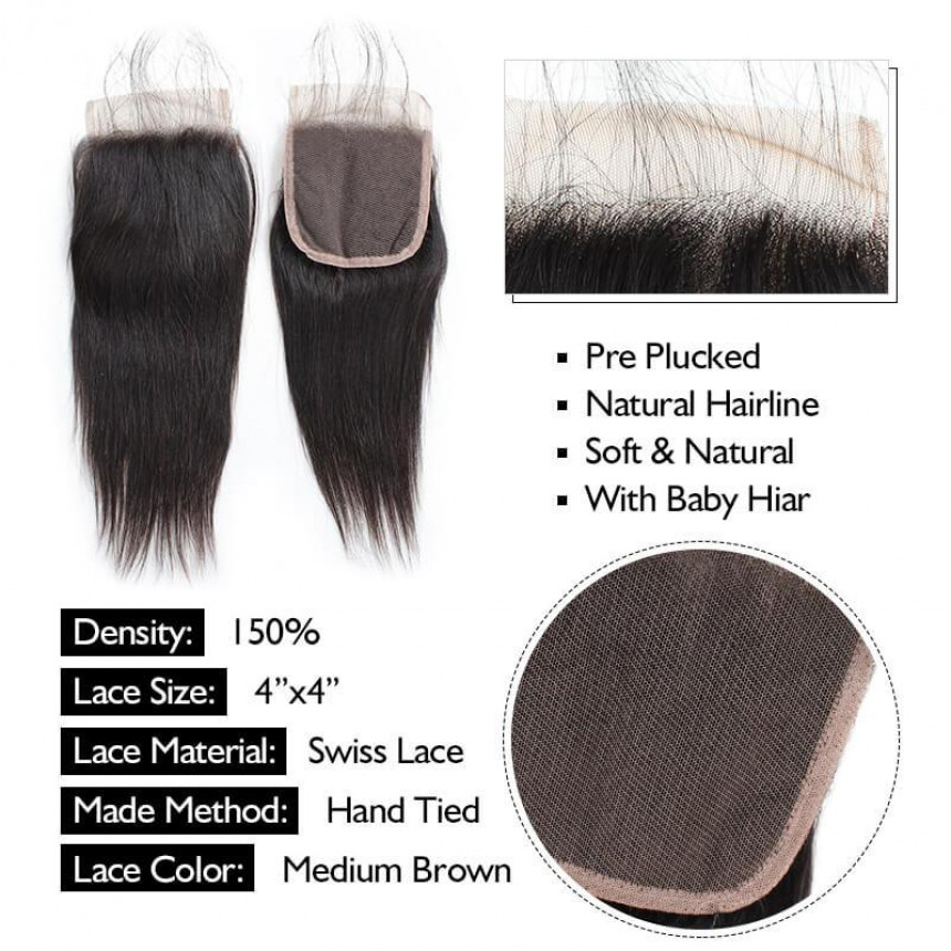 Straight 4x4 Lace Closure With Baby Hair 100% Remy Virgin Human Hair Free Middle Three Part Lace Closure Straight 4x4 Lace Closure With Baby Hair 100% Remy Virgin Human Hair Free Middle Three Part Lace Closure
