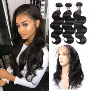 Virgin Indian Body Wave Hair 3 Bundles with 360 Lace Frontal Hair